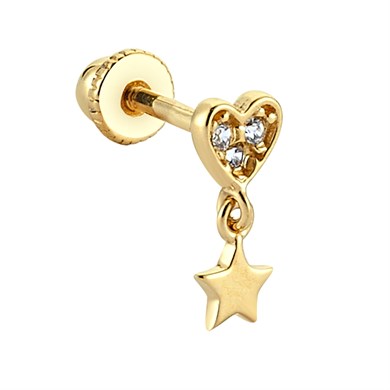 14 Ayar Altın Taşlı Kalpli Yıldız Sallantılı Minimal Helix/Kıkırdak Piercing