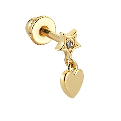14 Ayar Altın Taşlı Yıldızlı Kalp Sallantılı Minimal Helix/Kıkırdak Piercing